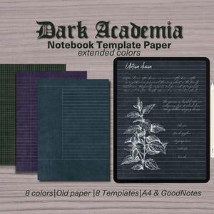 Op de afbeelding: Digitaal notitieboek sjabloon met een dark academia thema. De afbeelding toont een tablet met een botanische illustratie en gelijnd papier, samen met drie vellen papier in groen, paars en blauwgroen. Tekst bevat "Dark Academia" en "Notebook Template Paper".