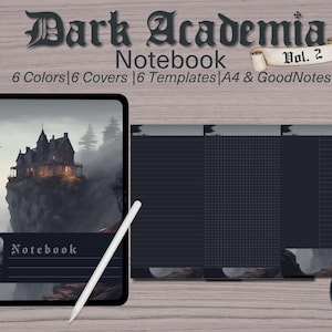 Op de afbeelding: Digitaal notitieboek met een dark academia thema. De omslag toont een gotisch herenhuis op een klif. Het notitieboek bevat 6 kleuren, 6 covers en 6 sjablonen. De tekst op de afbeelding luidt "Dark Academia Notebook Vol. 2".
