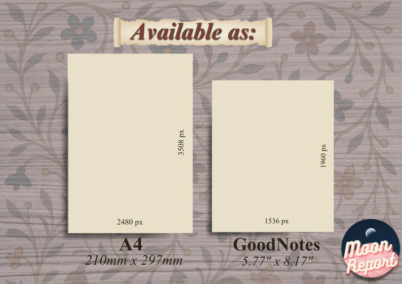 Graphic showing two size options for the digital notebook pages: an A4 page on the left (210mm × 297mm, labeled 2480px by 3508px) and a GoodNotes page on the right (5.77″ × 8.17″, labeled 1536px by 1980px). Both are over a floral background with a scroll banner reading 'Available as' and the Moon Report logo.