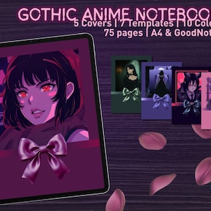 May include: A digital tablet displays a gothic anime notebook with a purple theme. The notebook features 5 covers, 7 templates, 10 colors, and 75 pages in A4 size, compatible with GoodNotes.