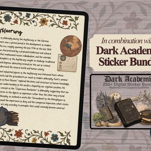 Promotional graphic suggesting this product be used with the Dark Academia Sticker Bundle. The left panel depicts a vintage page of German text titled "Aufklärung" with an ornate floral border, a map and scattered books. The right panel shows the product image for the Dark Academia Sticker Bundle with 250+ digital stickers and a stack of books. Text reads "In combination with Dark Academia Sticker Bundle" on a patterned background with the Moon Report logo.