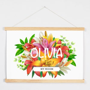Personalizado personalizado colorido, flores, niños, letrero, impresión de pared de guardería, regalo de nombre, póster, género neutral, niña, baby shower, presente