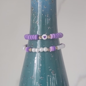 Purple Duo; Two Pack Purple and Pearl Clay Bead Bracelets