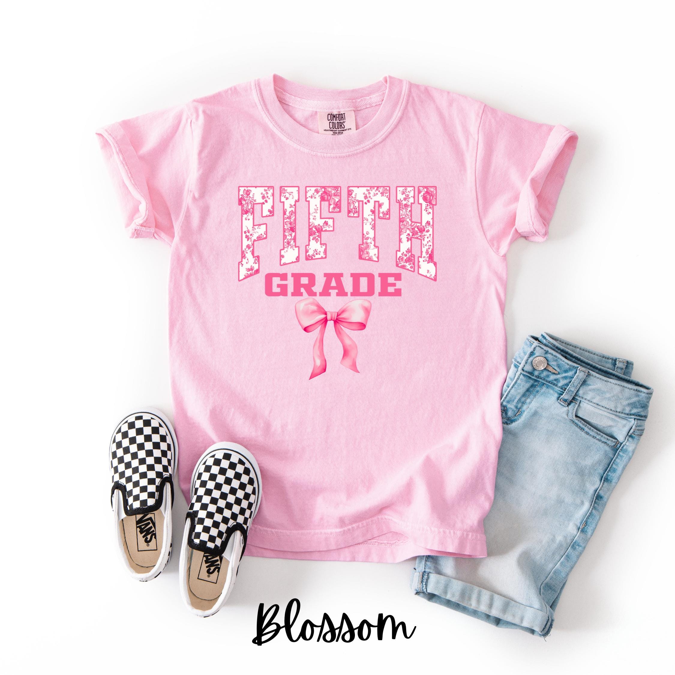 Kid's Comfort Colors Shirt, Fifth Grade Shirt, Coquette 5th Grade, Pink Floral Toile, 1st Day Of School Shirt, Back To School, Girl's 5th