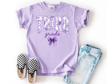 Third Grade Shirt, Kid&#39;s Comfort Colors Shirt, Girl&#39;s 3rd Grade Shirt, Back To School Shirt, First Day Of School, Purple Floral Toile, Tee