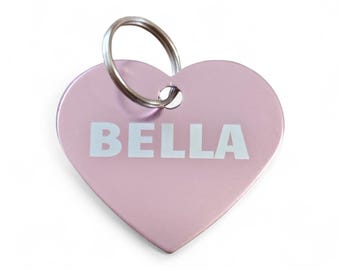 Placas de identificación para mascotas personalizadas con forma de corazón grabadas con láser.
