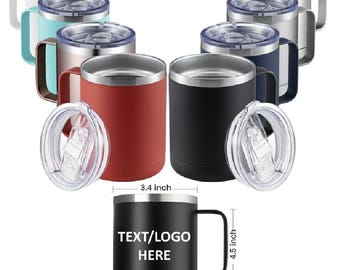 Taza de café personalizada de 355 ml con asa y tapa deslizante, doble pared con aislamiento al vacío.