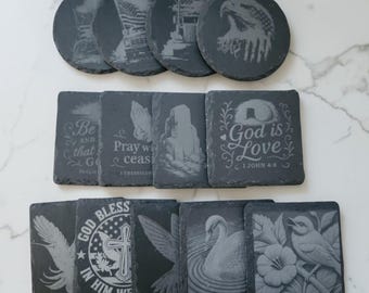Posavasos redondo o cuadrado de pizarra natural grabado con láser.