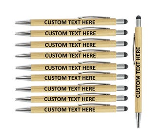 Bolígrafos retráctiles de madera de bambú personalizados con tinta negra y punta táctil.