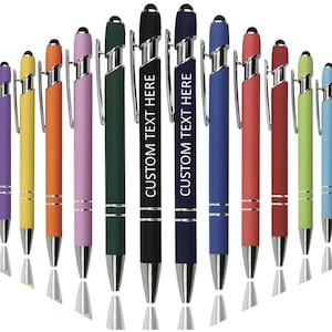 May include: A collection of colorful pens with silver accents. The pens come in various colors, including purple, yellow, orange, pink, green, black, navy, blue, red, and light green. Two pens have the text "CUSTOM TEXT HERE".