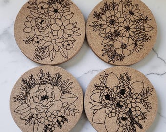 Juego de 4 posavasos de corcho con estampado floral