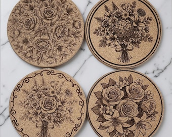 Juego de posavasos de corcho con diseño floral