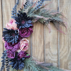 Gothic chic crescent moon wreath, boho home decor ideas, front porch decor, witchy decor,  fall wreath, housewarming gift