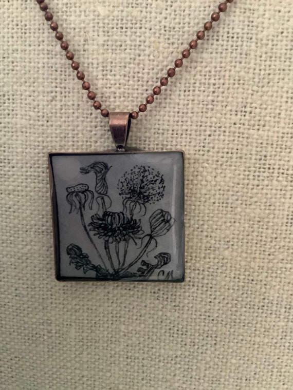 Pen and Ink Drawing of a Dandelion in Copper Setting Etsy
