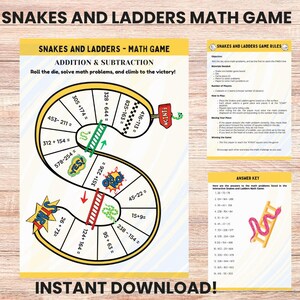 Snakes and Ladders Math Game: Addition & Subtraction (printable PDF) - Etsy