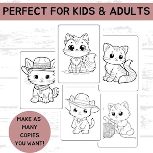 Puede incluir: Un conjunto de cinco p&aacute;ginas para colorear en blanco y negro con lindos gatos en varias poses. Los gatos llevan sombreros y accesorios. El texto "PERFECT FOR KIDS & ADULTS" y "MAKE AS MANY COPIES YOU WANT!" est&aacute; incluido en la p&aacute;gina.