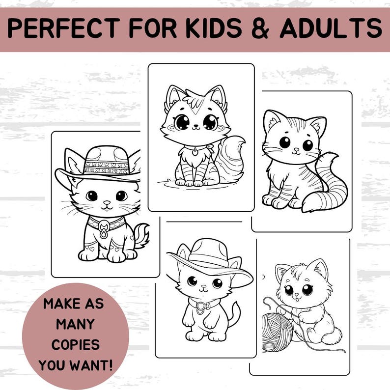 Puede incluir: Un conjunto de cinco p&aacute;ginas para colorear en blanco y negro con lindos gatos en varias poses. Los gatos llevan sombreros y accesorios. El texto "PERFECT FOR KIDS & ADULTS" y "MAKE AS MANY COPIES YOU WANT!" est&aacute; incluido en la p&aacute;gina.