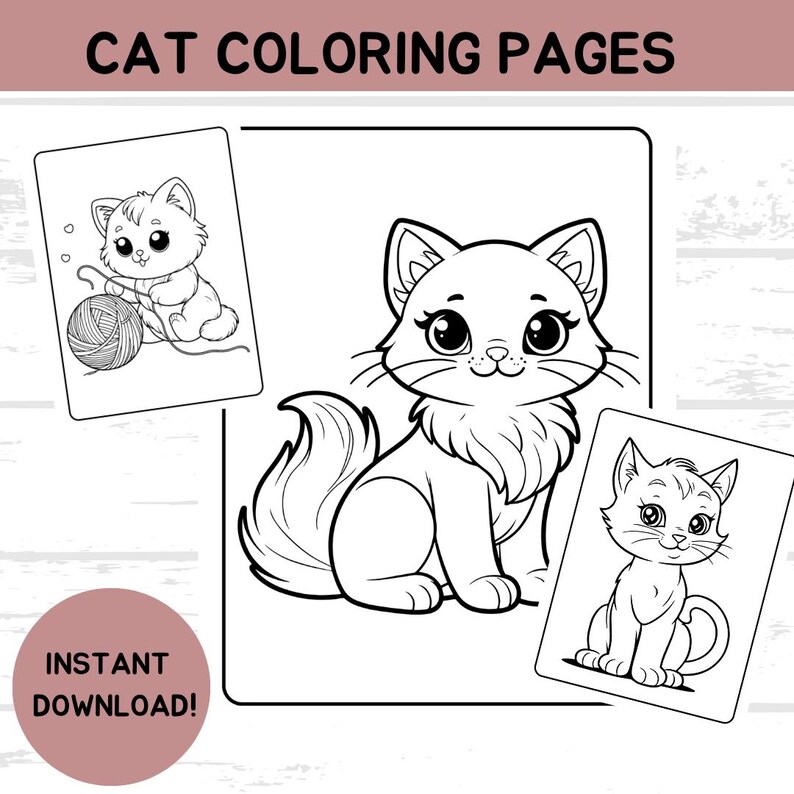 Puede incluir: Tres p&aacute;ginas para colorear en blanco y negro con lindos gatos. La primera p&aacute;gina muestra un gato jugando con una bola de lana. La segunda p&aacute;gina muestra un gato sentado con la cola enroscada alrededor de su cuerpo. La tercera p&aacute;gina muestra un gato sentado con la cola enroscada detr&aacute;s de &eacute;l.