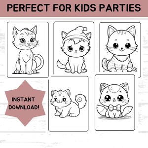 Puede incluir: Cinco dibujos en blanco y negro de gatos lindos. Los gatos est&aacute;n en varias poses, incluyendo sentados, de pie y con un gorro de Pap&aacute; Noel. El texto "PERFECT FOR KIDS PARTIES" est&aacute; en la parte superior de la imagen y "INSTANT DOWNLOAD!" est&aacute; en el centro de la imagen.
