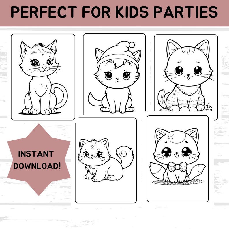 Puede incluir: Cinco dibujos en blanco y negro de gatos lindos. Los gatos est&aacute;n en varias poses, incluyendo sentados, de pie y con un gorro de Pap&aacute; Noel. El texto "PERFECT FOR KIDS PARTIES" est&aacute; en la parte superior de la imagen y "INSTANT DOWNLOAD!" est&aacute; en el centro de la imagen.