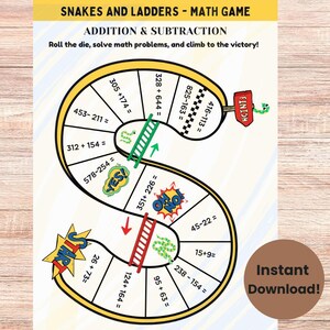 Interactive Snakes and Ladders Math Game - Fun Educational Activity for Kids - Printable Math Worksheets for Addition & Subtraction