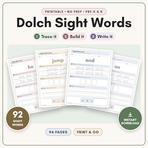 May include: A set of printable educational worksheets titled Dolch Sight Words, featuring 94 pages for pre-K and kindergarten. Each page includes sections to trace, build, and write words like he, jump, and, and on with letter cutouts.