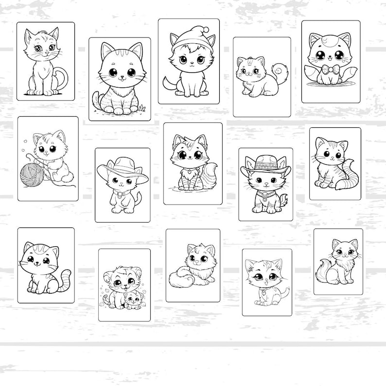 Puede incluir: Un conjunto de 16 p&aacute;ginas para colorear en blanco y negro con lindos gatos en varias poses y atuendos. Los gatos llevan sombreros, sostienen hilo y algunos incluso llevan pajaritas. Estas p&aacute;ginas para colorear son perfectas para los ni&ntilde;os que aman los gatos.