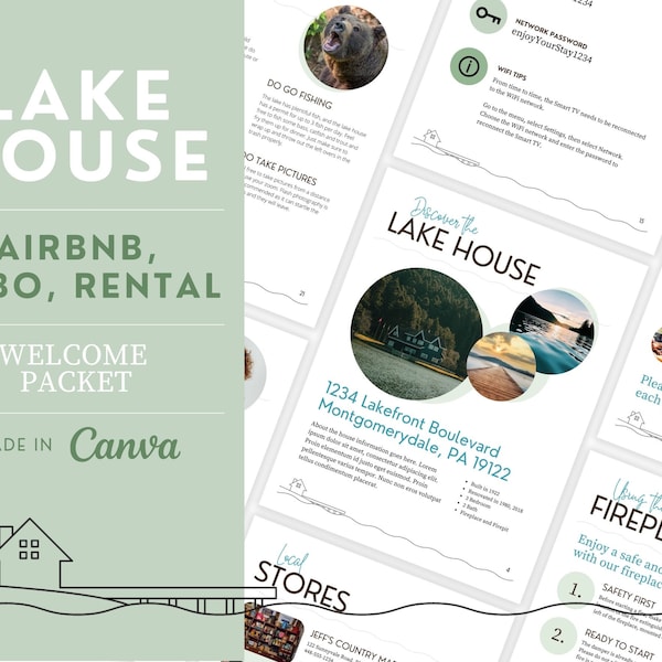 Modello Airbnb per il libro di benvenuto. Guida di benvenuto alla Lake House. Modello di manuale della casa Airbnb per Canva. Modello per libro di benvenuto di Airbnb.