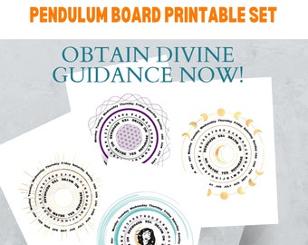 May include: Three printable pendulum boards with different designs. Each board features a circle with a flower of life, a crescent moon, and a woman's face, respectively. The circles are surrounded by a ring of numbers, letters, and days of the week. The boards are printed on white paper.