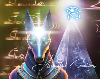 May include: A digital art illustration of an Anubis figure with a glowing third eye, wearing a gold necklace with an ankh pendant. The background features a pyramid and the Eye of Horus symbol.