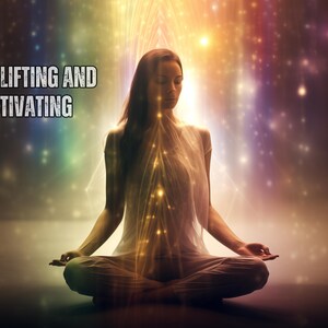May include: A woman sits in a meditative pose with her eyes closed, surrounded by a colorful, glowing light. The text "Uplifting and Activating" is displayed in the upper left corner of the image.