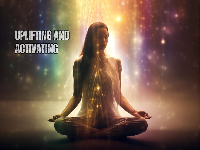 May include: A woman sits in a meditative pose with her eyes closed, surrounded by a colorful, glowing light. The text "Uplifting and Activating" is displayed in the upper left corner of the image.