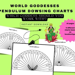 Puede incluir: Una imagen con gráficos de radiestesia con el texto "World Goddesses Pendulum Dowsing Charts". Los gráficos incluyen diosas paganas, griegas y egipcias. También se ve un péndulo, junto con el texto "Instant Download".