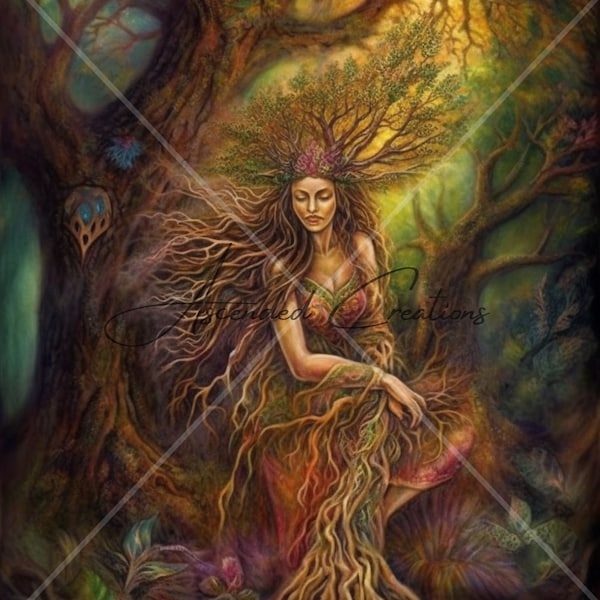 Tree Gaia Goddess Digital Download - Pagan Wall Art - Earth Goddess - AI Generated Print Printable - Image Stock Photo JPG and PNG