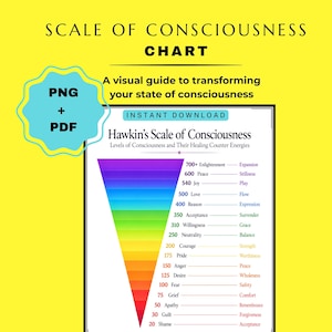 May include: A digital chart titled Scale of Consciousness Chart featuring a rainbow-colored inverted triangle representing Hawkins' Scale of Consciousness. It lists levels from 20 Shame to 700+ Enlightenment with corresponding counter energies on a yellow background.