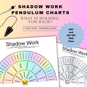 Puede incluir: Descarga digital de dos gráficos de "Shadow Work" con una ilustración de péndulo. Los gráficos son semicirculares, enumerando términos emocionales y psicológicos. El texto incluye "What is Holding You Back?" e "Instant Download."