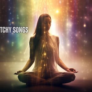 May include: A woman sits in a meditative pose with her eyes closed, surrounded by a colorful, sparkling background. The text "CATCHY SONGS" is displayed in the upper left corner of the image.