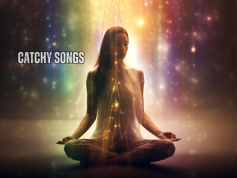 May include: A woman sits in a meditative pose with her eyes closed, surrounded by a colorful, sparkling background. The text "CATCHY SONGS" is displayed in the upper left corner of the image.