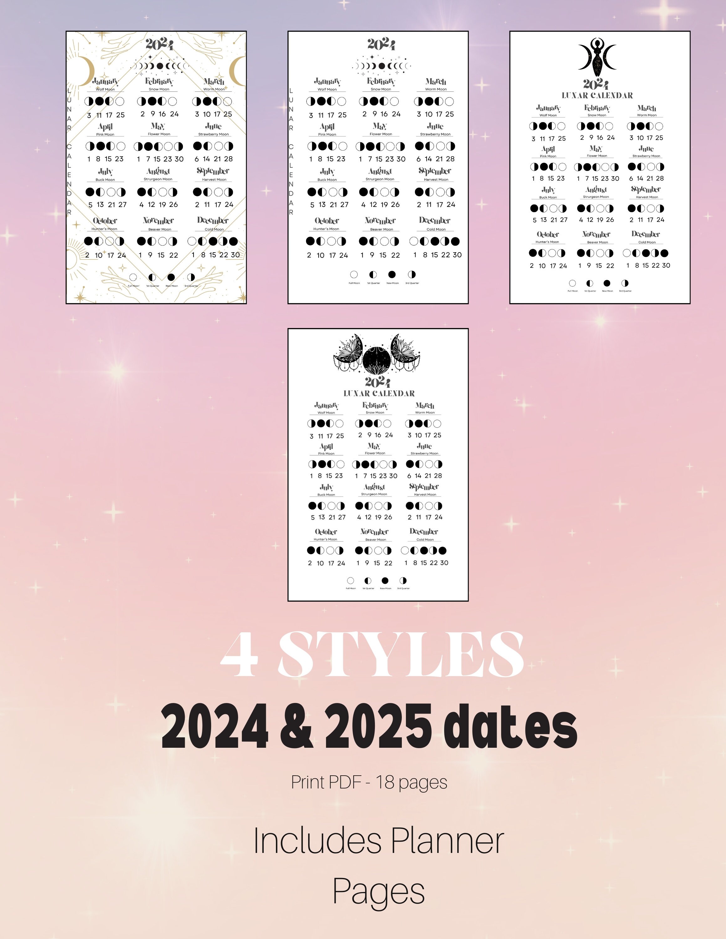2024 and 2025 Lunar Calendar Moon Planner Moon Phases Calendar Moon ...