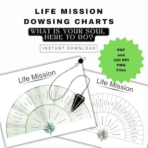 May include: Life Mission Dowsing Charts with the text What is your soul here to do? and Instant Download. Two white sheets feature a semi-circular fan chart labeled Life Mission with a black pendulum illustration on a chain.