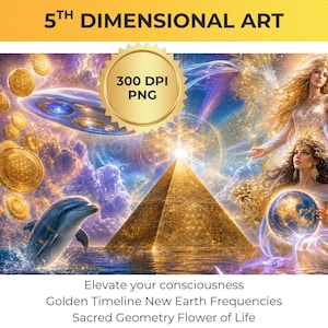 May include: Digital artwork titled 5TH DIMENSIONAL ART featuring a golden pyramid, a dolphin, floating gold coins, a flying saucer, and two ethereal figures holding a globe. Text includes 300 DPI PNG, Elevate your consciousness, Golden Timeline New Earth Frequencies, and Sacred Geometry Flower of Life.