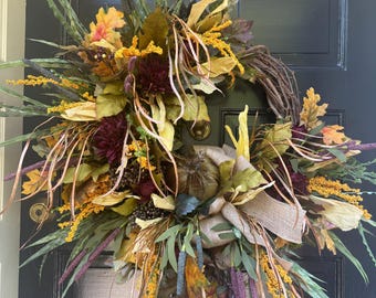 Large Burgundy Fall Front Door Wreath , Rustic Autumn Wreath, Elegant Harvest Door Decor, Thanksgiving Decor