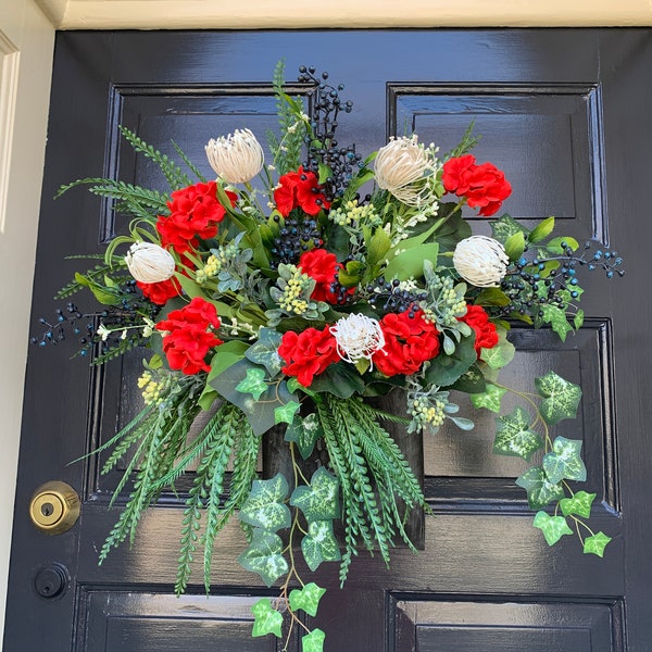 Floral Basket, Tin Floral Basket, Spring Basket, Summer Floral Basket, Geranium Wreath, Summer Wreath, Spring Wreath, Mothers Day, Farmhouse