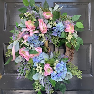 Floral Wreath, Hydrangea Wreath, Gift, Summer Wreath, Everyday Wreath, Front Door Wreath, Cottage Decor, Victorian Decor, Housewarming Gift