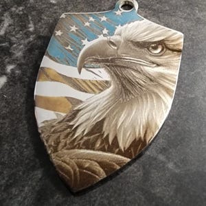 Puede incluir: Un colgante de plata con forma de escudo con un águila y un diseño de bandera estadounidense. El águila mira hacia la derecha y tiene un diseño detallado y texturizado. La bandera está en el fondo y tiene un campo azul con estrellas blancas y rayas rojas y blancas.