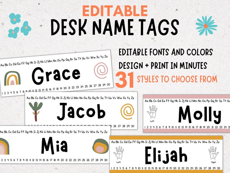 Boho Rainbow Desk Name Tags for Students Editable Desk Plates Etsy