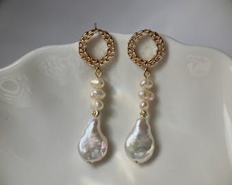 Brincos de pérola barroca em ouro 14K. Pérolas naturais com brilho excepcional. Presente para madrinhas • joias de casamento