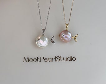 Fish design fresh water pearl necklace. High luster pearl chocker. Gift for her• Special design•sterling silver