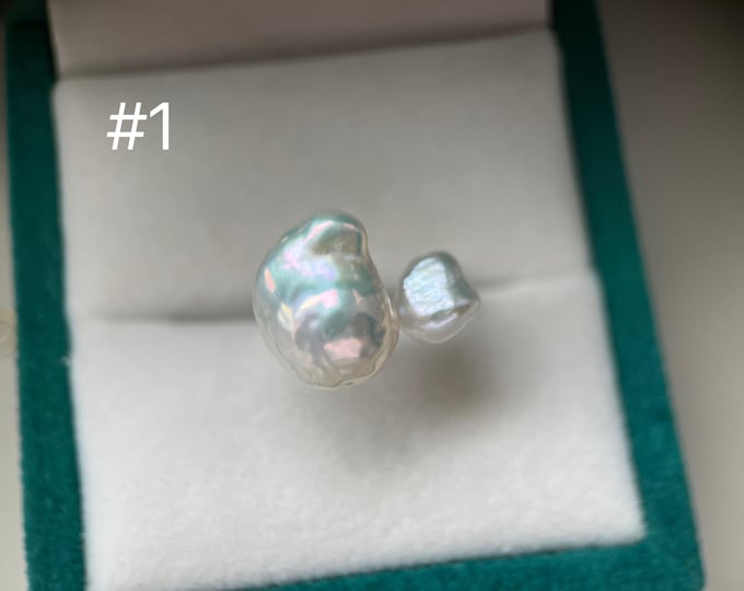 Mini Fireball baroque pearl rings. Strong luster baroque pearl open band rings. Adjustable pearl rings.