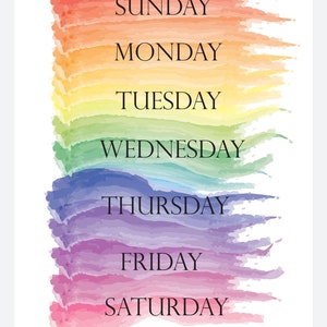 Days of the Week Rainbow watercolour nursery decor design print digital download